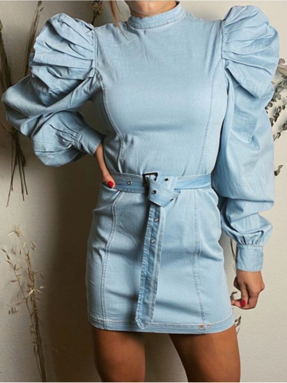 Puff-Sleeve Light Blue Belted Mini Dress